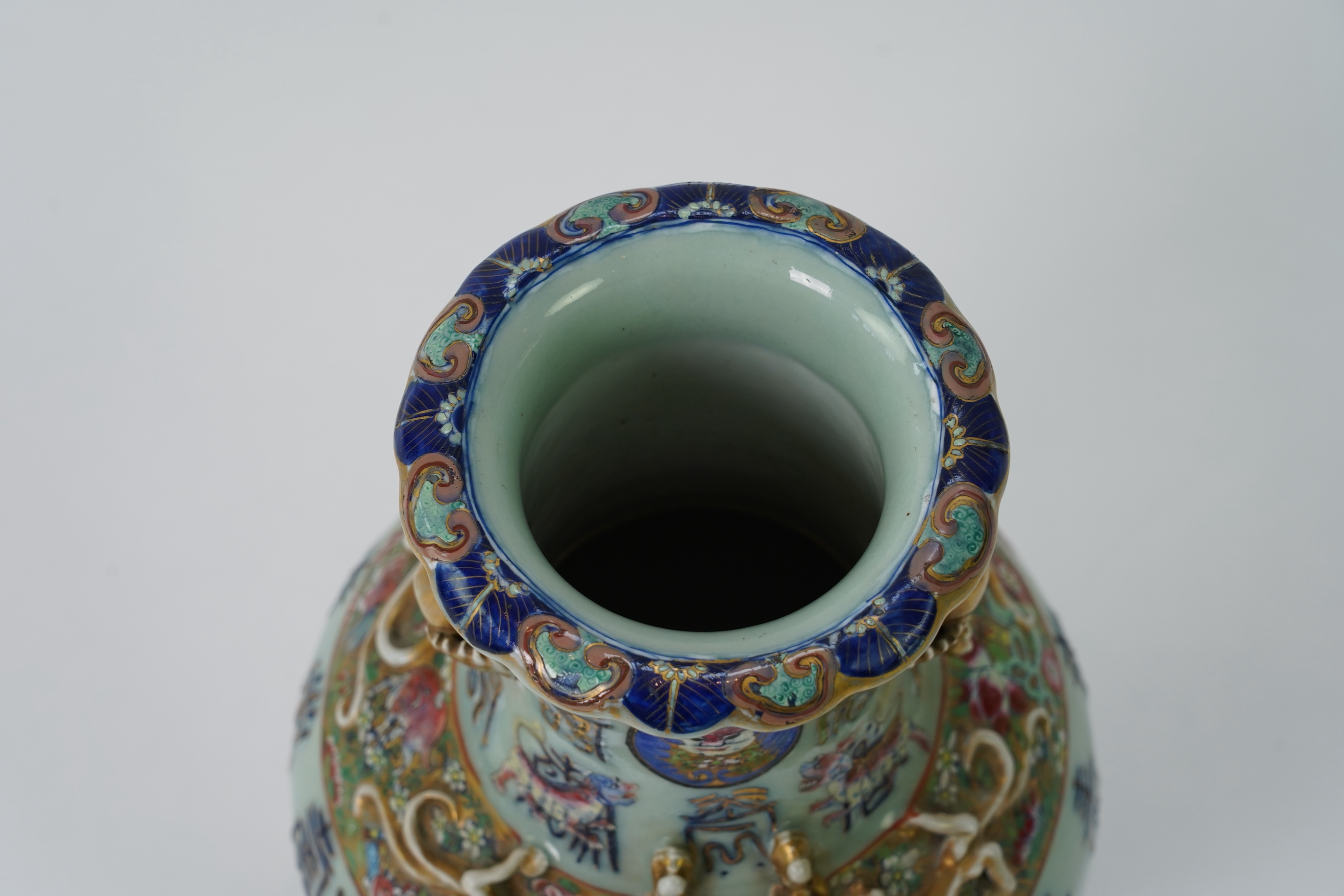 A Chinese celadon ground famille rose ‘Hundred Shou’ vase, 19th century